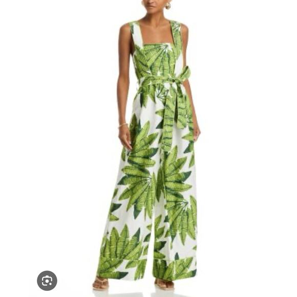 Farm Rio Linen Jumpsuit Off White/Green Sz S Palm Fan Sleeveless Wide Leg NWT - Picture 1 of 16